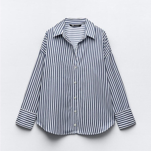 Zara Lapel Collar Stripped Shirt with V-Neck and Long Sleeves - Picture 2 of 6